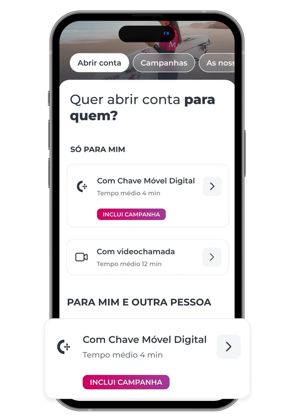 Ecrã de telemóvel a mostrar as opções digitais para abrir conta no Millennium bcp: 'só para mim' ou 'para mim e para outra pessoa', com Chave Móvel Digital e em campanha.